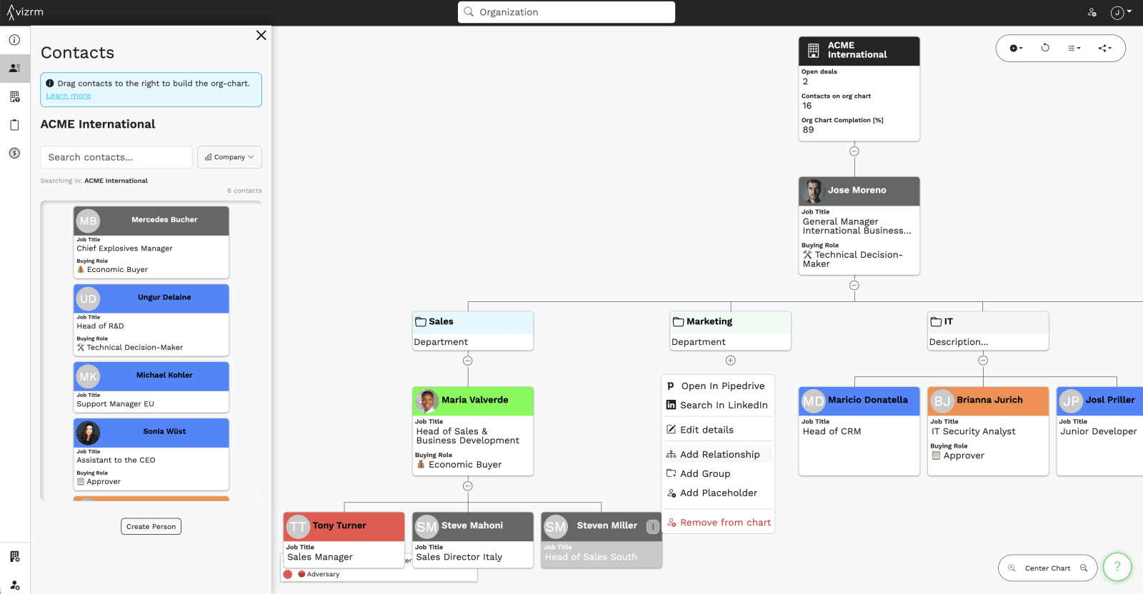Drawing an informal relationship line between two contacts on an org chart, capturing influence that does not follow the reporting structure