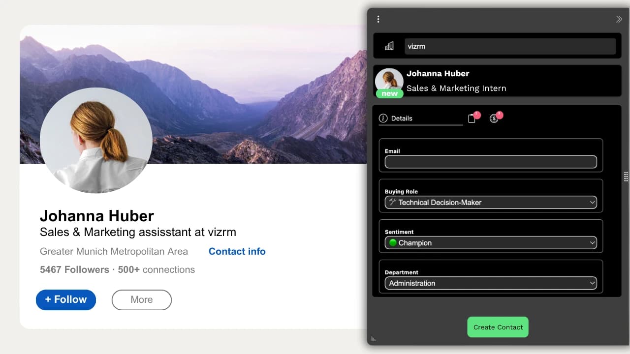 Creating a matched CRM contact from a LinkedIn profile in one click using the vizrm browser extension